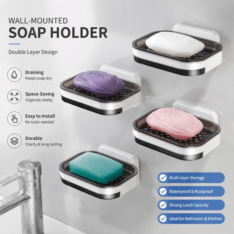 Wall Mounted Double-Layer Self Draining Soap Dish Organiser - Bathroom Accessory, 1-Count Perforated Drain Tray, Adhesive-Free, Drip & Slide Prevention, Space-Saving for Bathroom, Shower Storage