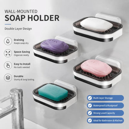 Wall Mounted Double-Layer Self Draining Soap Dish Organiser - Bathroom Accessory, 1-Count Perforated Drain Tray, Adhesive-Free, Drip & Slide Prevention, Space-Saving for Bathroom, Shower Storage