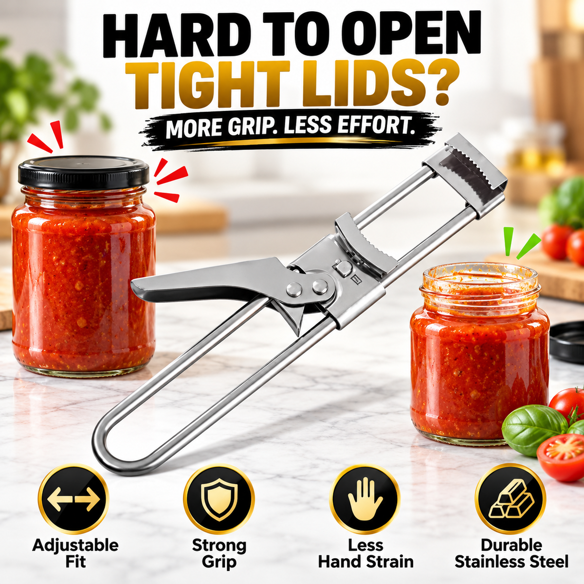 Portable Stainless Steel Multi-Functional Can and Jar Opener – Heavy-Duty, Non-Slip Lid Remover Tool for Round Containers