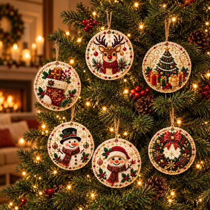6-Piece DIY Christmas Ornament Diamond Art Kit with Pearls & Jute Twine, Hanging Decorations for Tree and Window