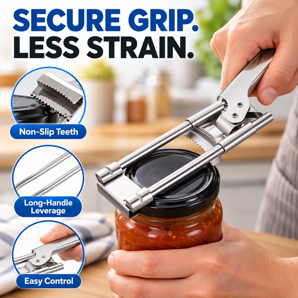 Portable Stainless Steel Multi-Functional Can and Jar Opener – Heavy-Duty, Non-Slip Lid Remover Tool for Round Containers