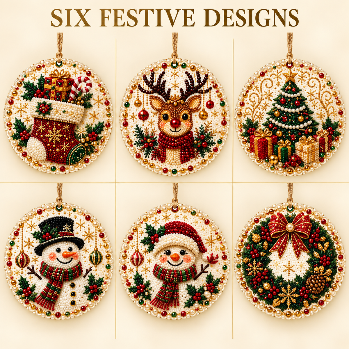 6-Piece DIY Christmas Ornament Diamond Art Kit with Pearls & Jute Twine, Hanging Decorations for Tree and Window