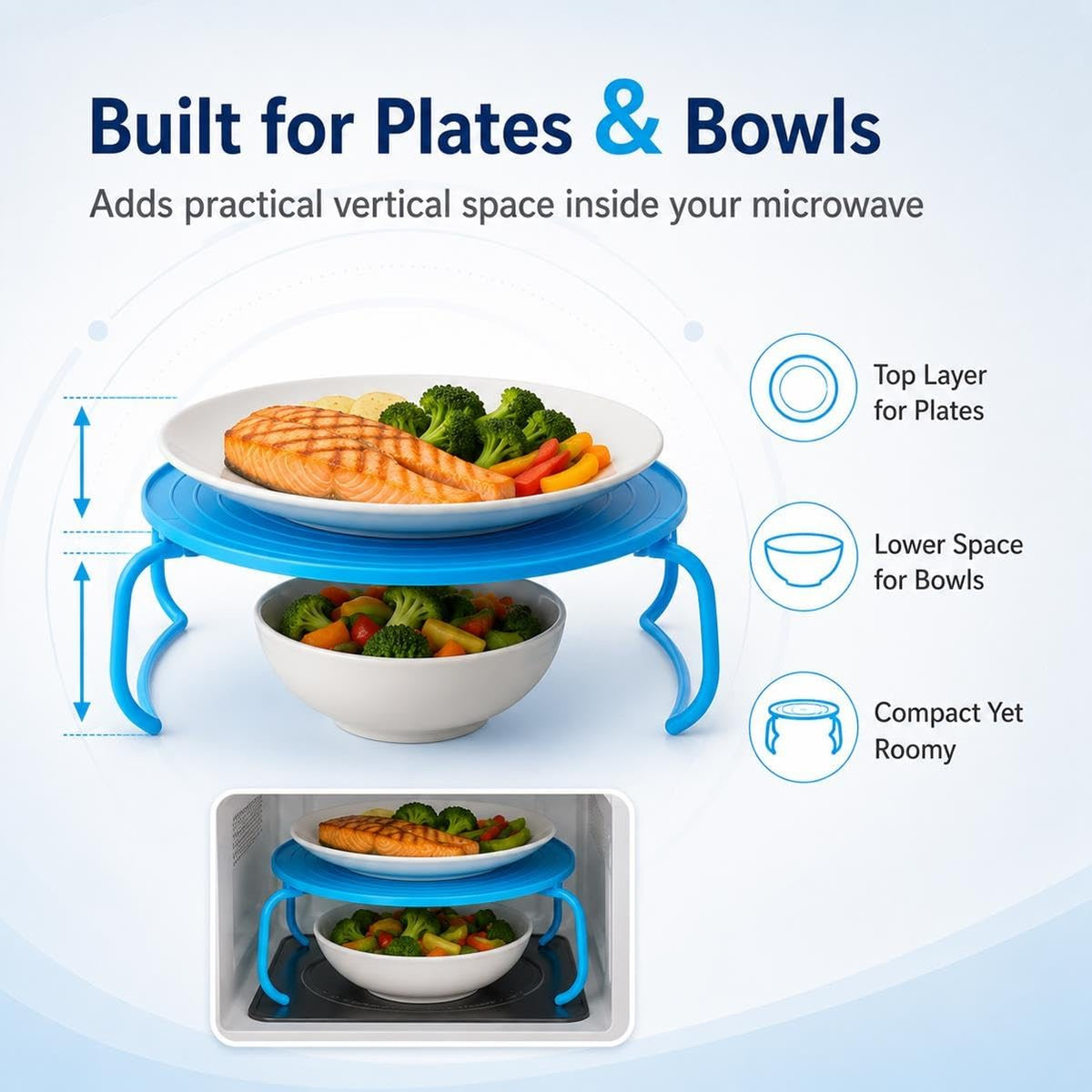 🍽️ 2-Tier Microwave Rack – 3-in-1 Multipurpose Plate Stacker | Save Space, Heat More, Stay Organized! ✨