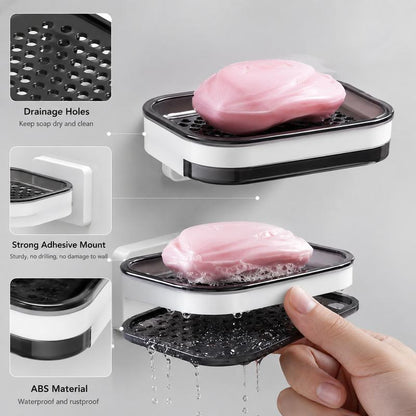 Wall Mounted Double-Layer Self Draining Soap Dish Organiser - Bathroom Accessory, 1-Count Perforated Drain Tray, Adhesive-Free, Drip & Slide Prevention, Space-Saving for Bathroom, Shower Storage