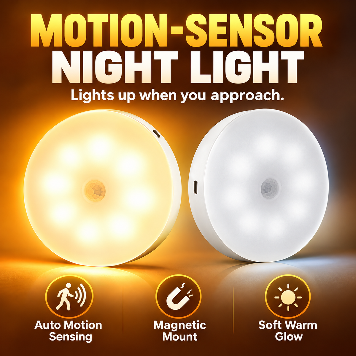 USB Rechargeable Indoor Motion Sensor Night Light - Magnetic Mount, Warm Light, Home Supply Party Gift for Kitchen, Closet