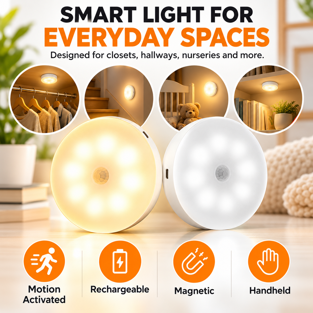USB Rechargeable Indoor Motion Sensor Night Light - Magnetic Mount, Warm Light, Home Supply Party Gift for Kitchen, Closet