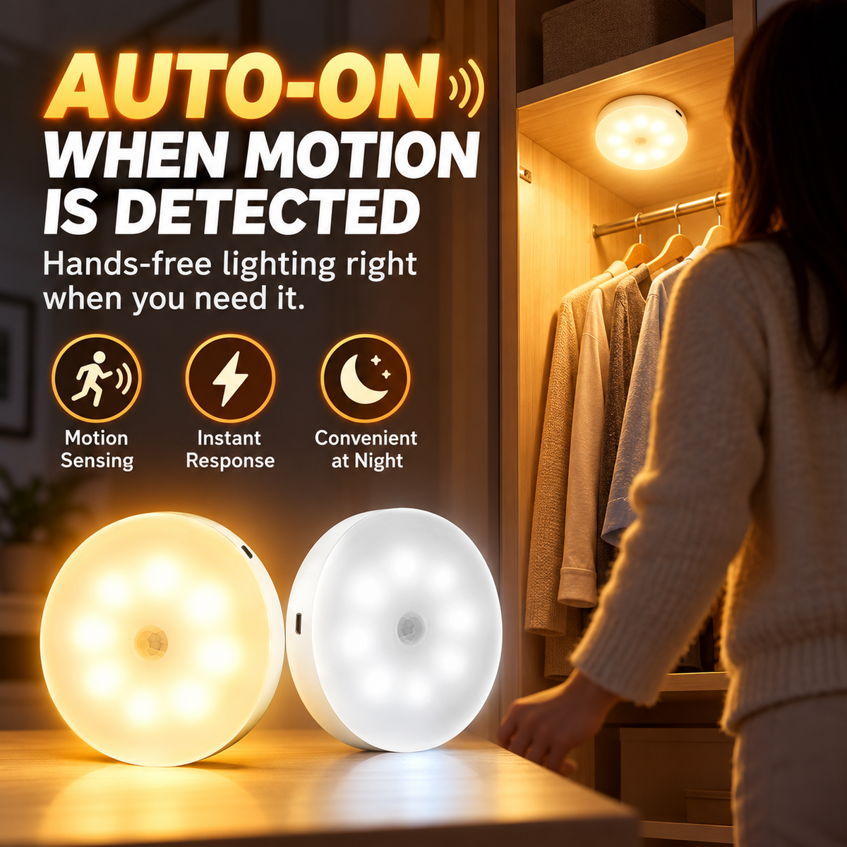 USB Rechargeable Indoor Motion Sensor Night Light - Magnetic Mount, Warm Light, Home Supply Party Gift for Kitchen, Closet