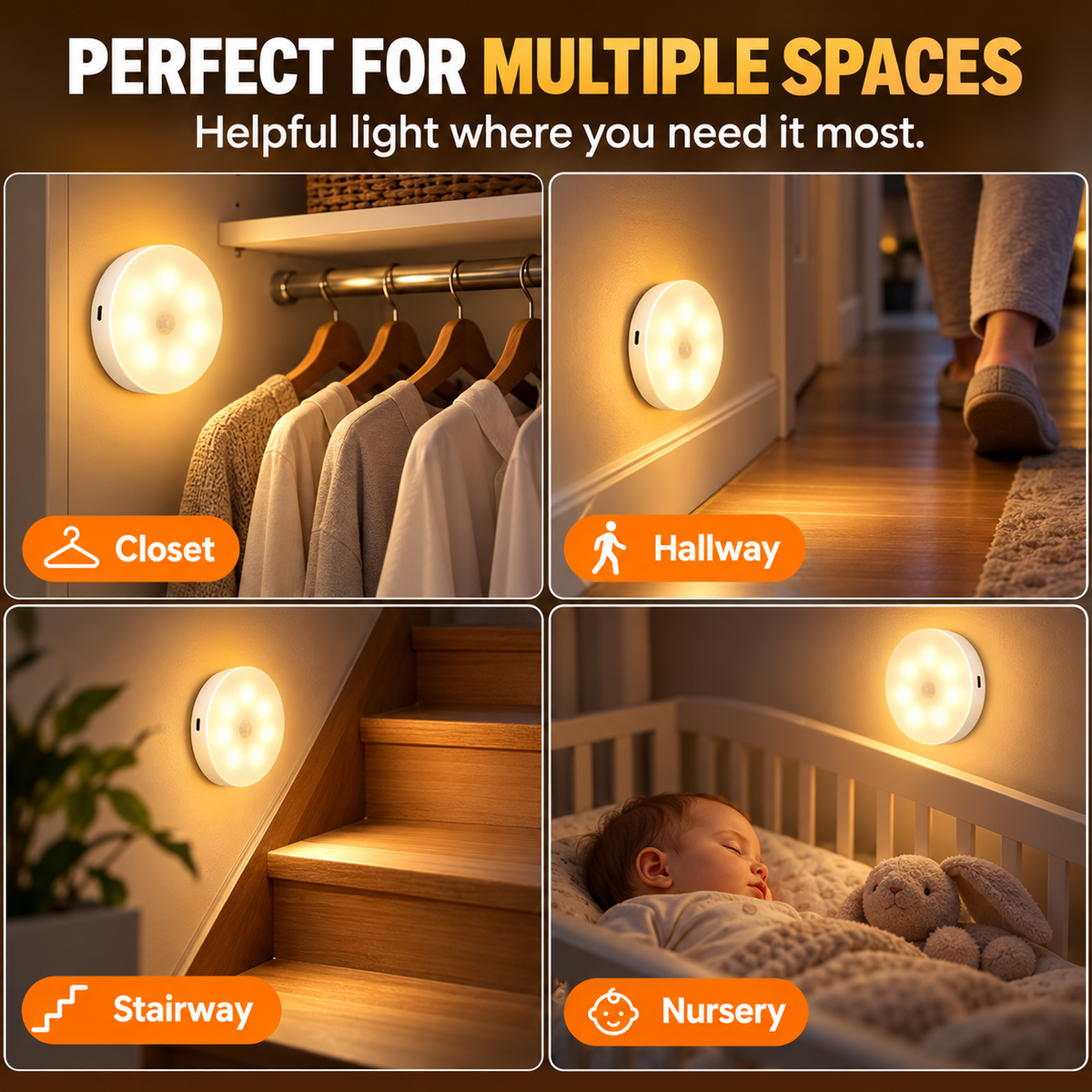 USB Rechargeable Indoor Motion Sensor Night Light - Magnetic Mount, Warm Light, Home Supply Party Gift for Kitchen, Closet