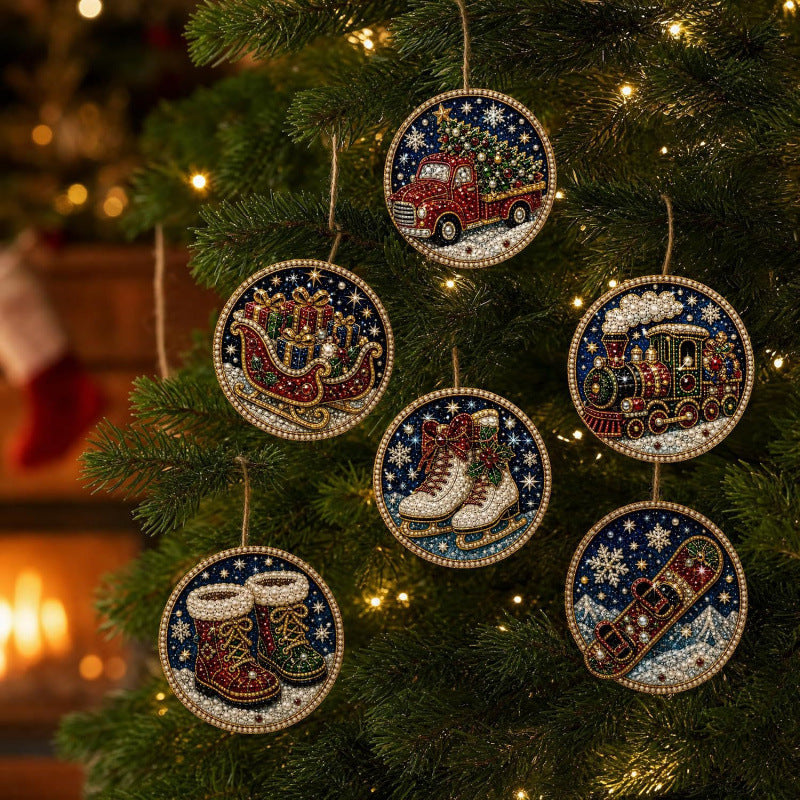 6-Piece DIY Christmas Ornament Diamond Art Kit with Pearls & Jute Twine, Hanging Decorations for Tree and Window