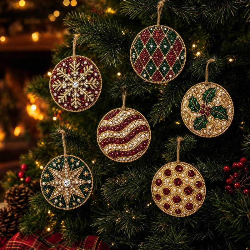 6-Piece DIY Christmas Ornament Diamond Art Kit with Pearls & Jute Twine, Hanging Decorations for Tree and Window