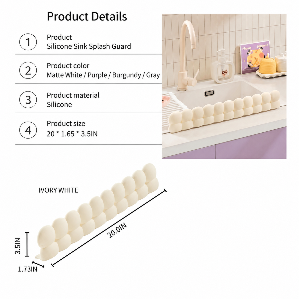 Kitchen Sink Splash Guard Set - 1-Piece Waterproof Silicone Water Barrier with Suction Cups, Reusable Countertop Protector,  Product for Kitchen Use, Water Proof