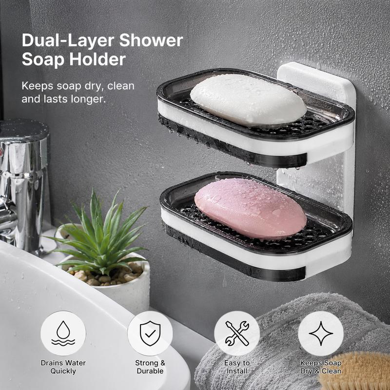 Wall Mounted Double-Layer Self Draining Soap Dish Organiser - Bathroom Accessory, 1-Count Perforated Drain Tray, Adhesive-Free, Drip & Slide Prevention, Space-Saving for Bathroom, Shower Storage