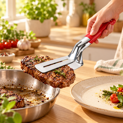 🍳 Upgrade Your Cooking! 2-in-1 Stainless Steel Meat Flipper & Spatula Tongs | Easy Grip, Lift & Serve 🔥